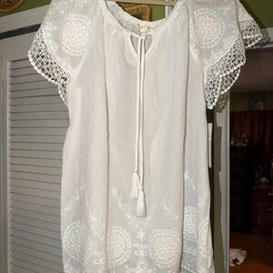White Embroidered Peasant Blouse with Tassel Tie
